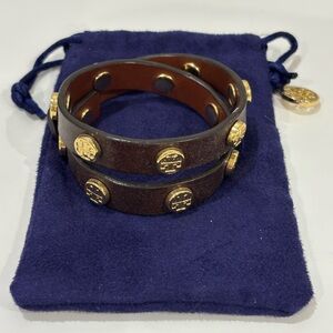 Authentic Tory Burch Double Wrap Logo Stud Brown Leather Bracelet